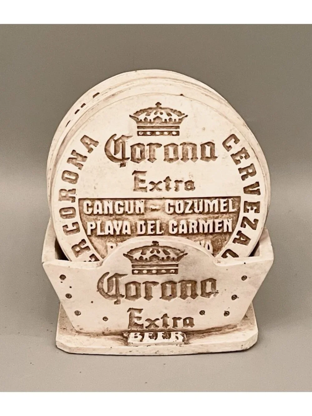 Corona Extra Beer Stoneware Coasters w/ Holder Rustic Barware Ceramic Mexico